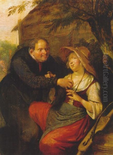 Touch: A Peasant Courting A Milk Maid In A Farmyard By A Haystack Oil Painting by Richard Brakenburg