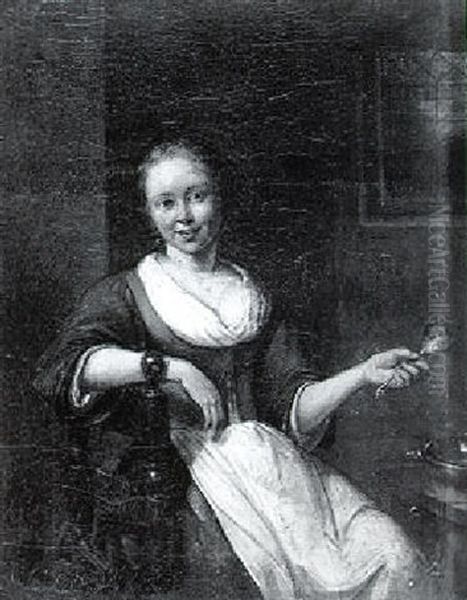 Young Woman Seated At A Table Holding A Spoon Oil Painting by Richard Brakenburg