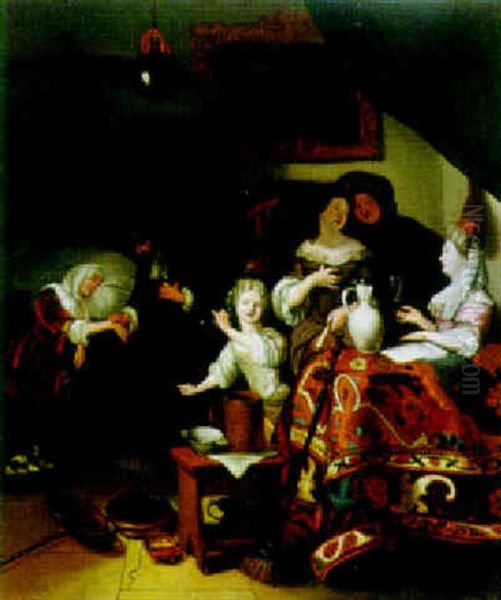 Interior With Figures Gathered Around A Table Covered With A Turkish Rug And A Doctor Examining A Woman Oil Painting by Richard Brakenburg