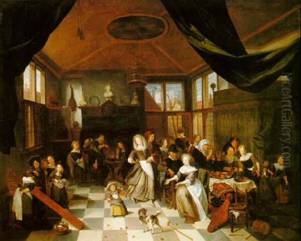 Dutch Interior With Figures Feasting And A Couple Dancing Oil Painting by Richard Brakenburg