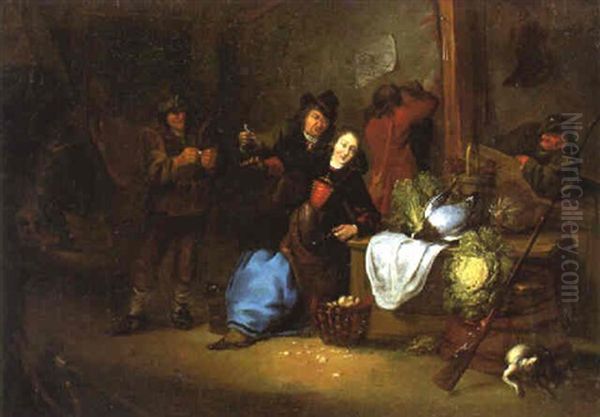 An Interior With Men Smoking And A Woman Peeling Vegetables Oil Painting by Richard Brakenburg