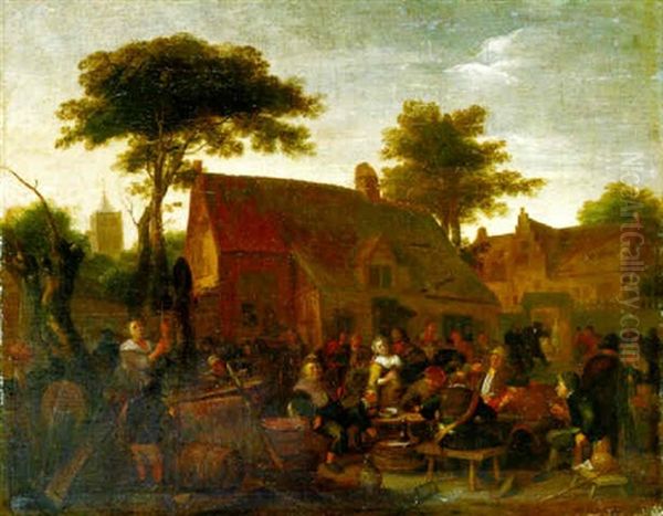 Peasants Drinking And Carousing Outside A Tavern Oil Painting by Richard Brakenburg