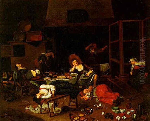 Drunken Women Sleeping In The Kitchen Oil Painting by Richard Brakenburg