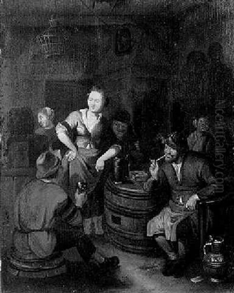 A Maid In A Tavern Conversing With A Boor Seated On A Barrel Oil Painting by Richard Brakenburg