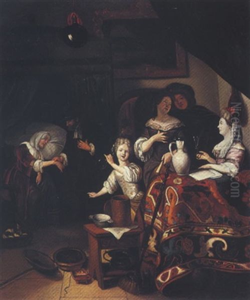 Interior With Figures Gathered Around A Table And A Doctor Examining A Woman Oil Painting by Richard Brakenburg