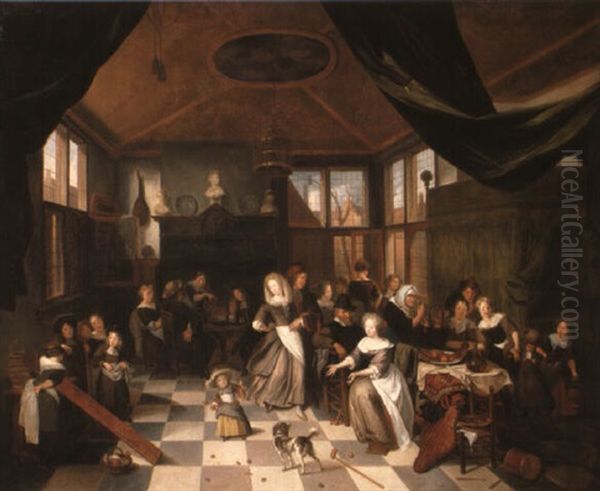 Dutch Interior With Figures Feasting And A Couple Dancing Oil Painting by Richard Brakenburg