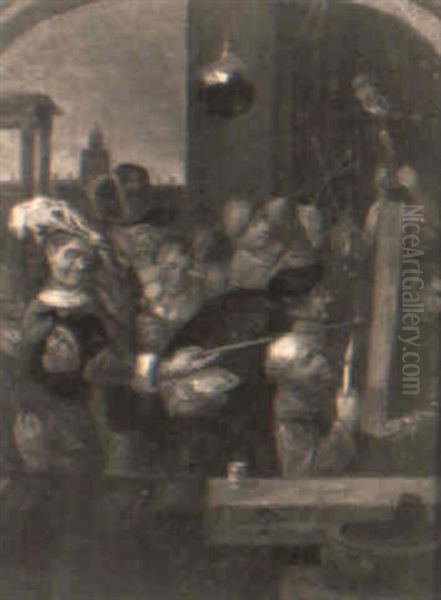 An Artist Working By Candlelight Observed By A Jester And Villagers Oil Painting by Richard Brakenburg