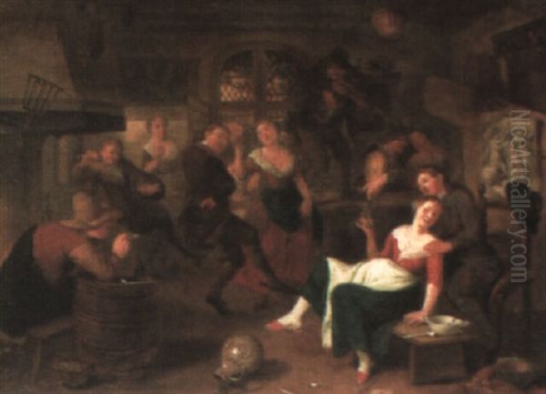 Peasants Drinking And Revelling In A Tavern Oil Painting by Richard Brakenburg