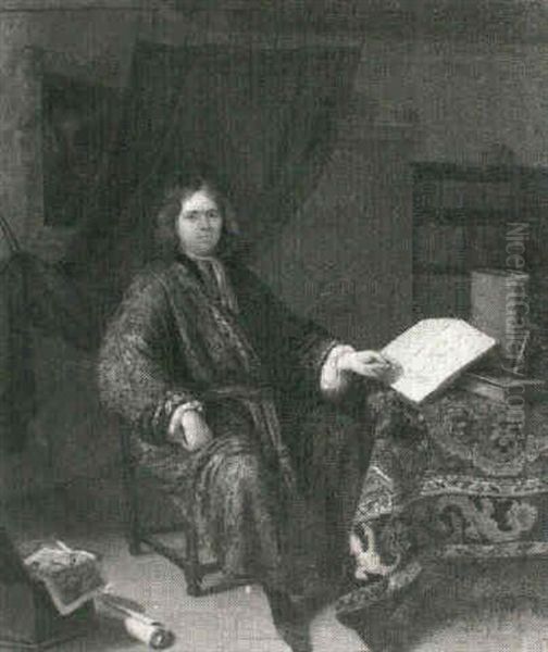 A Portrait Of A Scholar Seated In His Study Beside A Desk   Covered With A Turkish Carpet On Which Books And Other Oil Painting by Richard Brakenburg