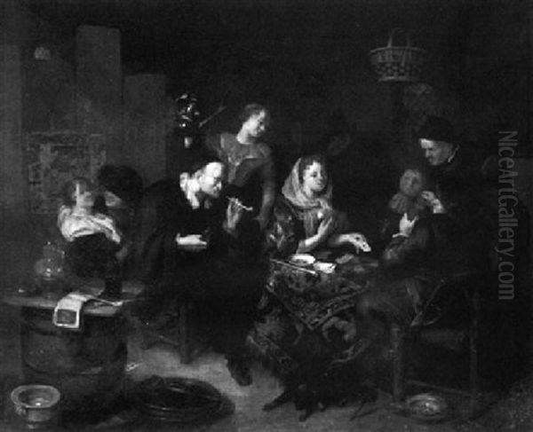 Figures Playing A Cards And Drinking In A Brothel Oil Painting by Richard Brakenburg