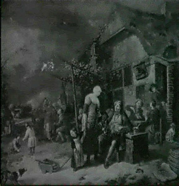 Joueur De Vielle Devant Une Auberge  Joueurs  De Cartes Et Buveurs Devant Une Auberge Oil Painting by Richard Brakenburg