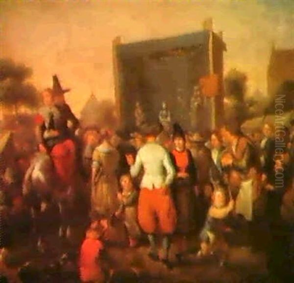 Eine Wanderbuhne Gastiert In Einem Hollandischen Dorf by Richard Brakenburg