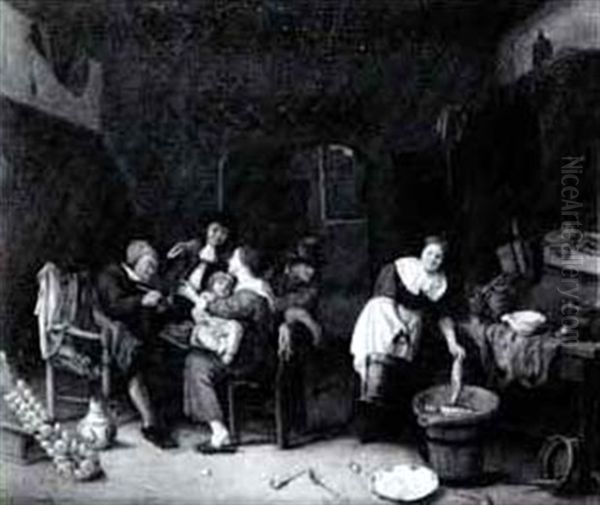 Figures Gathered In A Kitchen Interior With A Woman Prepar- Ing Oil Painting by Richard Brakenburg