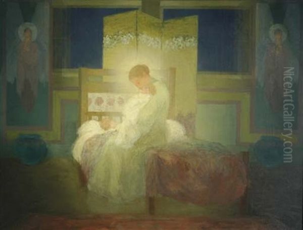 Bedtime With Mother And Children Oil Painting by Clarence E. Braley