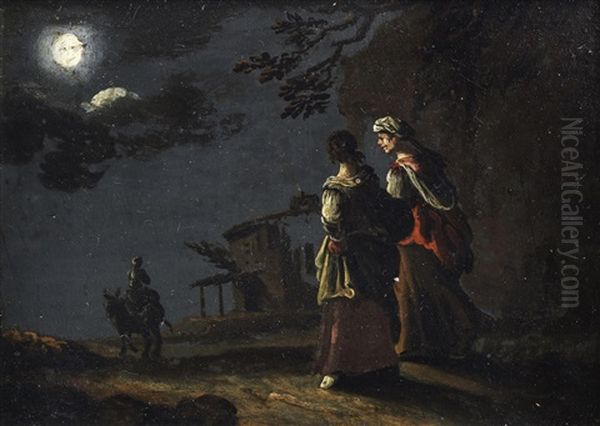 Figures Walking On A Country Path In The Moonlight Oil Painting by Leonard Bramer