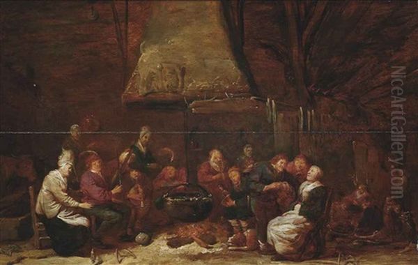 Peasants Merrymaking Around A Cauldron In An Interior Oil Painting by Leonard Bramer