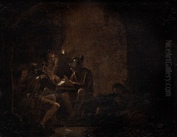 Soldiers In A Candlelit Interior Oil Painting by Leonard Bramer