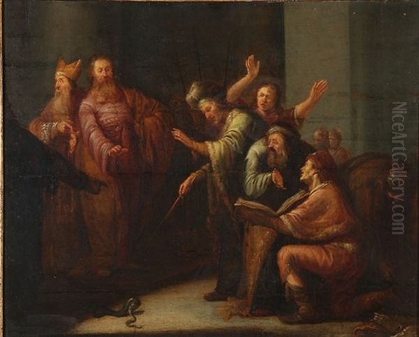 Moses Casting Aaron's Rod Before Pharaoh Oil Painting by Leonard Bramer