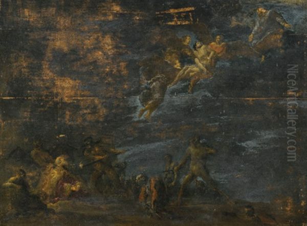 Dives, Tormented By Demons In Hell, Watches As Lazarus Is Taken To Abraham By Angels Oil Painting by Leonard Bramer