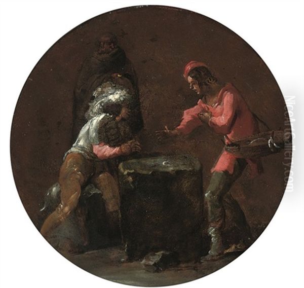 A Cavalier And A Young Peddler Playing Dice Oil Painting by Leonard Bramer