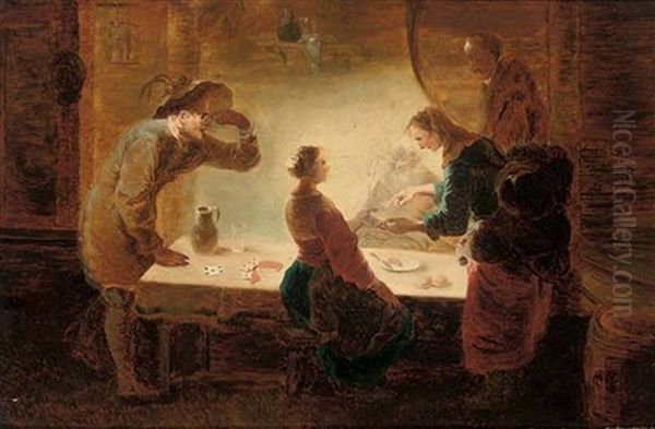 A Fortune-teller Reading A Young Girl's Palm At A Table, With Three Men Watching Oil Painting by Leonard Bramer