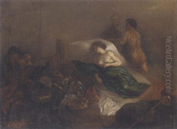 A Woman In A Bedchamber Surrounded By Riches And Other Figures Oil Painting by Leonard Bramer