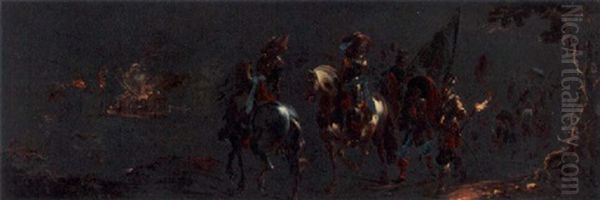 Calvarists And Soldiers In A Nocturnal Landscape Oil Painting by Leonard Bramer