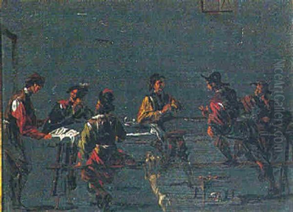 Figures Seated Around A Table In An Interior Oil Painting by Leonard Bramer