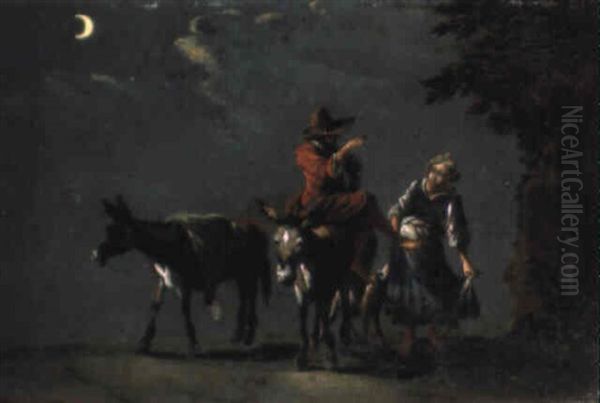 A Peasant Couple With Donkeys And A Dog On A Track By Moonlight Oil Painting by Leonard Bramer