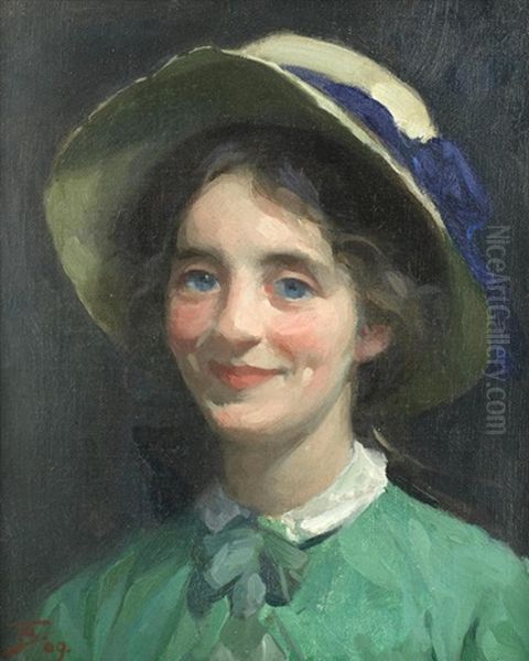 Portrait Of A Girl In A Hat Oil Painting by Frank Bramley