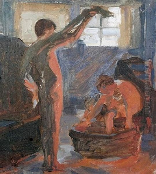 Boys Bathing By A Fire (study) Oil Painting by Frank Bramley