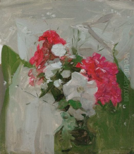 Red And White Flowers In A Green Glass Vase Oil Painting by Frank Bramley