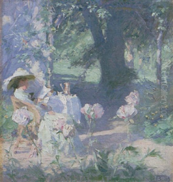 Mrs Bramley In The Garden At Grasmere Oil Painting by Frank Bramley