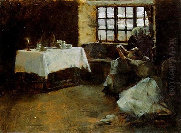 Two Women In An Interior Oil Painting by Frank Bramley