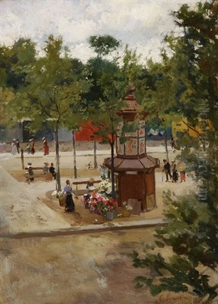 Pariser Parkszene Mit Einem Blumenladen Oil Painting by Carlo Brancaccio