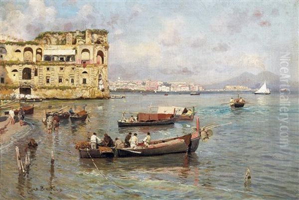 In Der Bucht Von Neapel. Blick Auf Den Palast Der Konigin Johanna Und Den Vesuv Oil Painting by Carlo Brancaccio