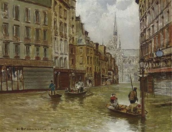 A Street Behind The Cathedral Of Notre Dame During The Flood Of 1910, Paris Oil Painting by Carlo Brancaccio