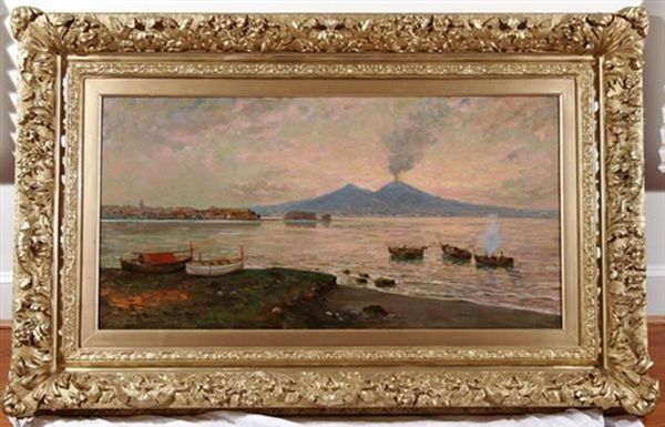 Fishing Boats In The Bay Of Naples With Mount Vesuvius Oil Painting by Carlo Brancaccio