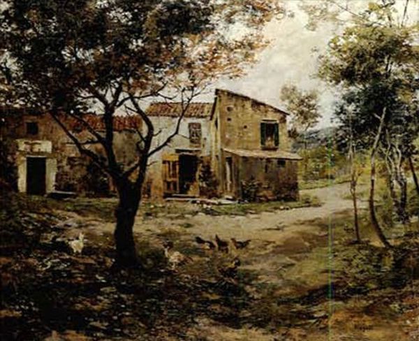 Poultry Feeding Outside A Farmhouse Oil Painting by Carlo Brancaccio