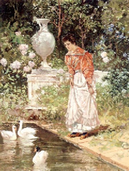 A Young Girl Before An Ornamental Pond Oil Painting by Carlo Brancaccio