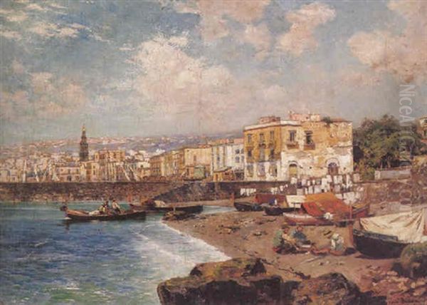 Fishing Boats On The Beach At Marinella, Naples Oil Painting by Carlo Brancaccio