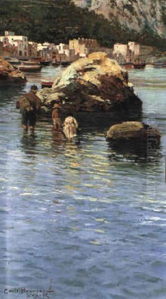 Fishermen In The Water Oil Painting by Carlo Brancaccio