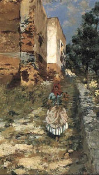 Italian Lady Collecting Water And Flowers Oil Painting by Carlo Brancaccio