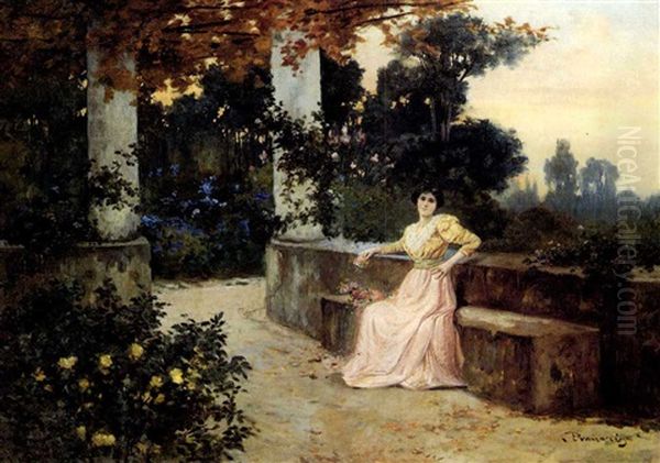 A Young Woman In A Garden Oil Painting by Carlo Brancaccio