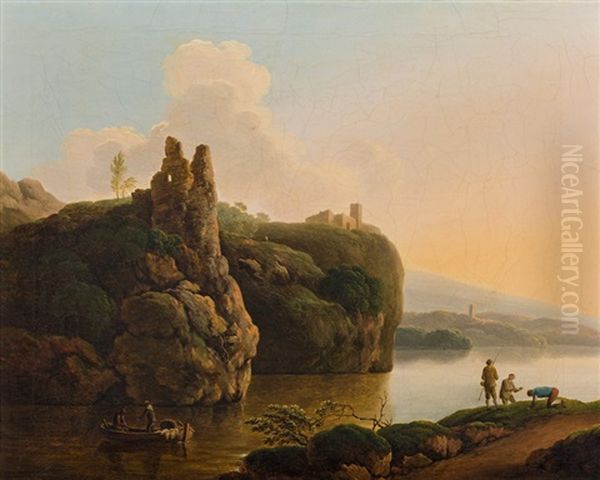 River Landscape With Fishermen And Boats Oil Painting by Christian Hilfgott Brand