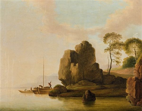 River Landscape With Rocks Oil Painting by Christian Hilfgott Brand