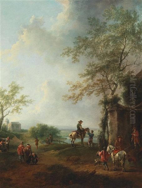 A Landscape With Horsemen And Travellers Oil Painting by Christian Hilfgott Brand