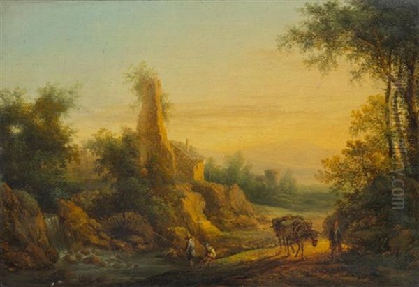 Pair Of Works: Southern River Landscape With Figures Oil Painting by Christian Hilfgott Brand