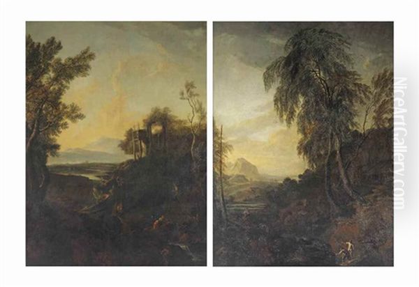 A Mountainous Landscape With Ancient Ruins On A Hill; And A Mountainous Landscape With Cattle Fording A Stream (pair) Oil Painting by Christian Hilfgott Brand