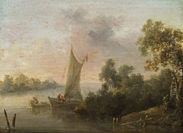 Flusslandschaft Mit Segelboot Oil Painting by Christian Hilfgott Brand